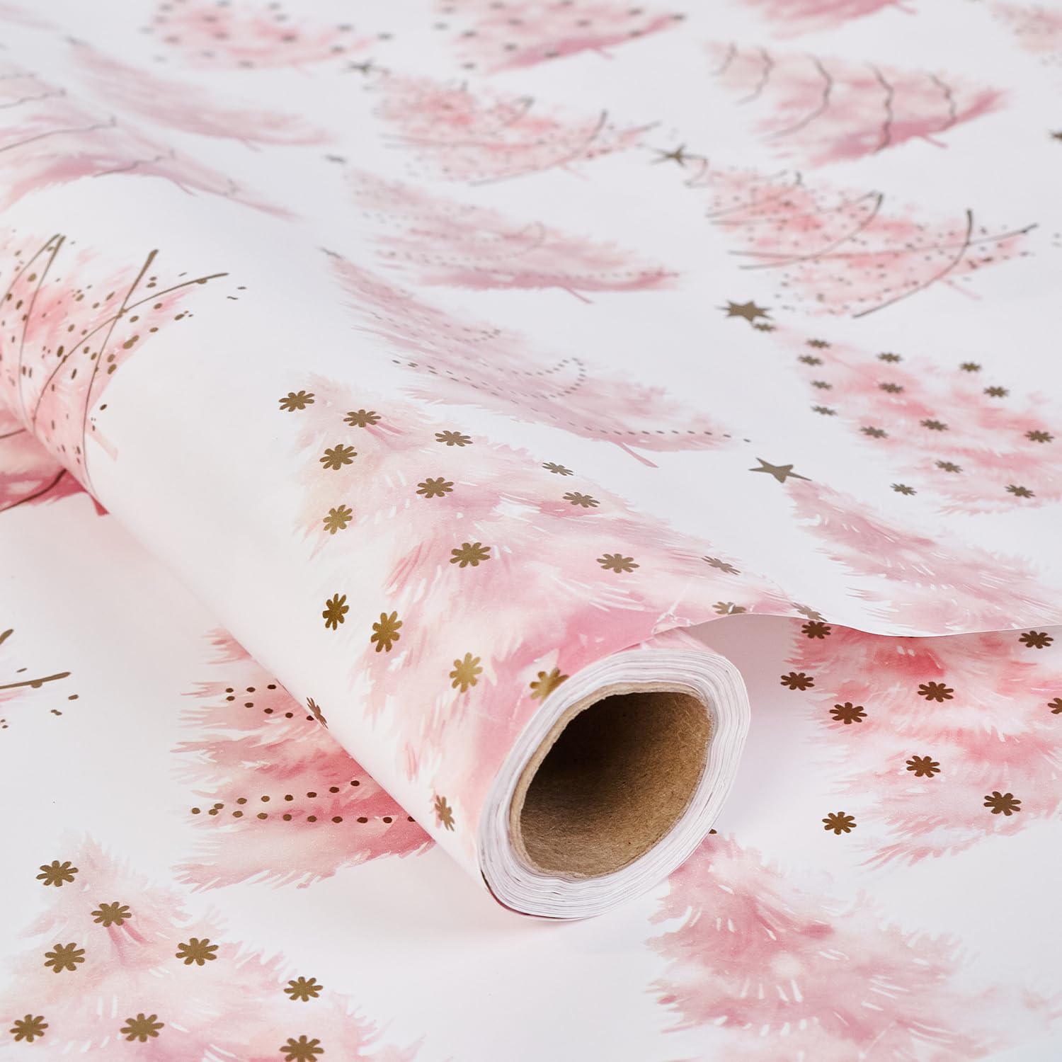 Christmas Wrapping Paper Roll,43cm x 12m Xmas Gift Wrapping Paper,Metallic Gift Wrap Paper with Snowflake Xmas Tree Pattens for Christmas,Party,Festive Decorations (pink xmas tree)