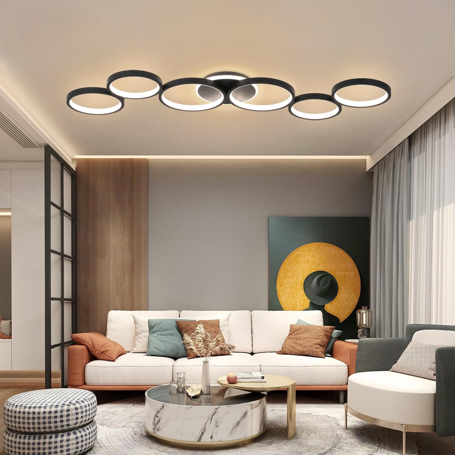 Plafoniera LED Soffitto Dimmerabile Lampada da Soffitto Soggiorno Nero 69W | 113cm Luce Camera da Letto Telecomando e APP, Moderna Illuminazione Rotonda a Soffitto a 6 Anello con Funzione di Memoria