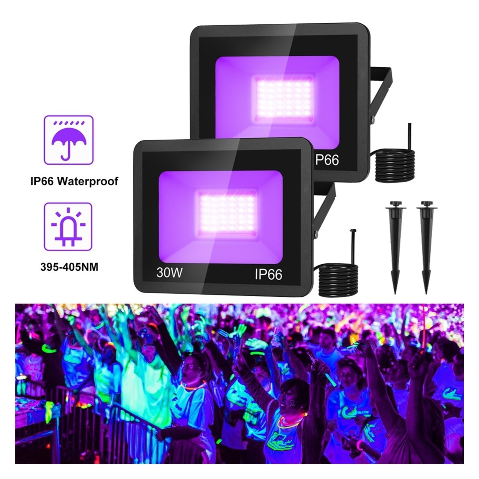 2PCS 30W LED UV Luci Nere IP66 Stage Blacklight Ultraviolet Flood Effect Light for Halloween Xmas Dance DJ Disco Party