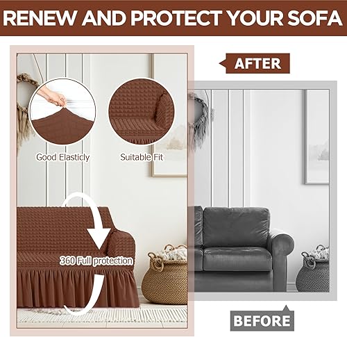 Miniatura 5 de Juego de fundas de sofá de 3 piezas para cojines de sofá, duraderas, lavables, de alta elasticidad, fundas de sofá con falda para sofá, sofá biplaza