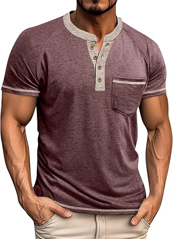 Mens Slim Fit Henley Shirts Short Sleeve Casual Button T-Shirts Basic Tee Shirt Summer Vintage Tshirts with Pocket