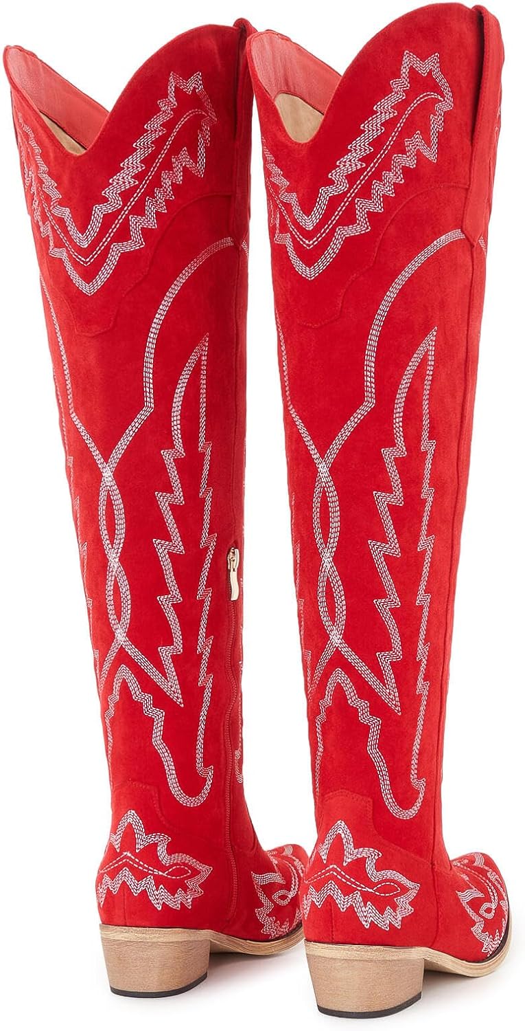 Women’s Wide Calf Plus Size Over the Knee Western Cowboy Boots with Side Zipper and White Embroidery, Red Suede Cowgirl Boots with Mid Heel Classic Western Style