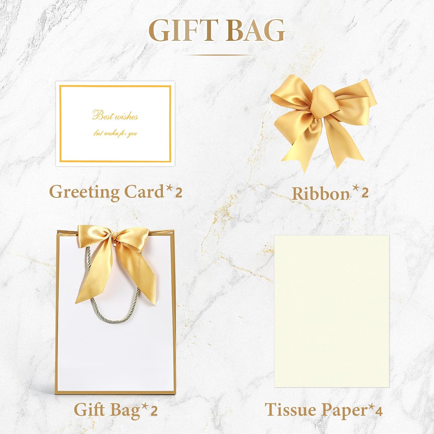 YoungTree 2PCS Medium Gift Bags with Ribbon and 2 Greeting Cards 4 Tissue Papers, Portable Paper Birthday Gift Bags with Handles, Present Bags for Valentines Day Wedding Party Supplies (White-Gold) - Image 3