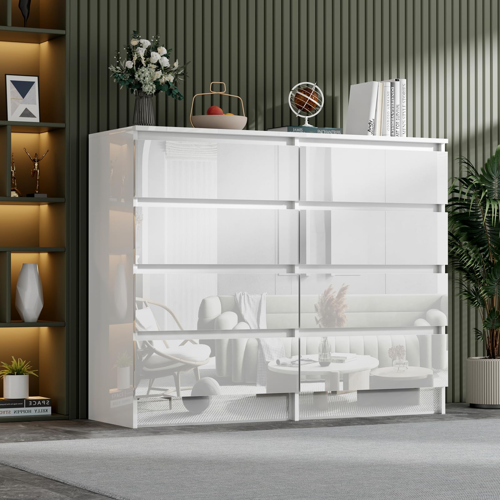 BSTSEL White High Gloss 6/7/8 Drawer Cabinet,Tall Wide Storage Chest of Drawers