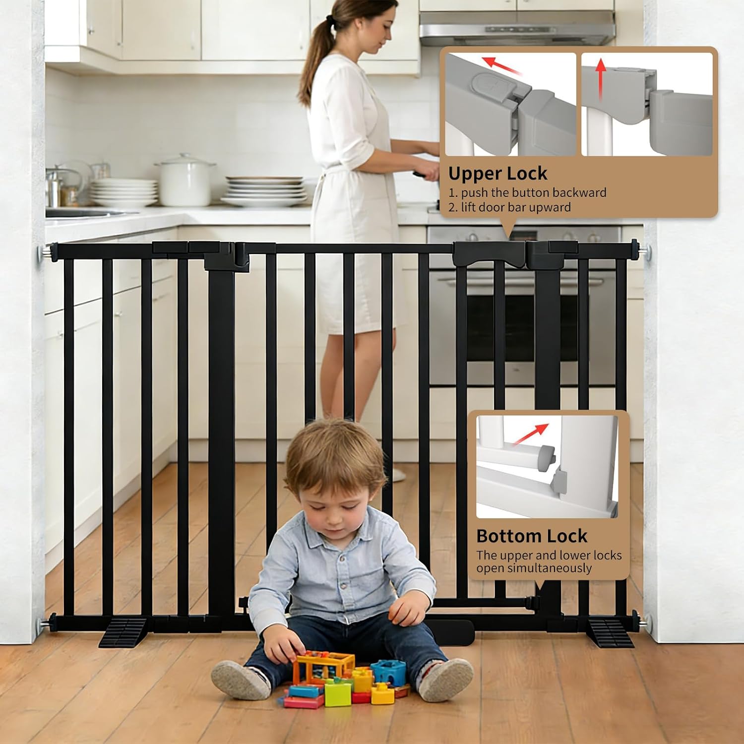 Safety Door bar for Infants and Young Baby and Pet Safety Gate Adjustable Steel Barrier for Stairs Doorways and Hallways Easy Install Black