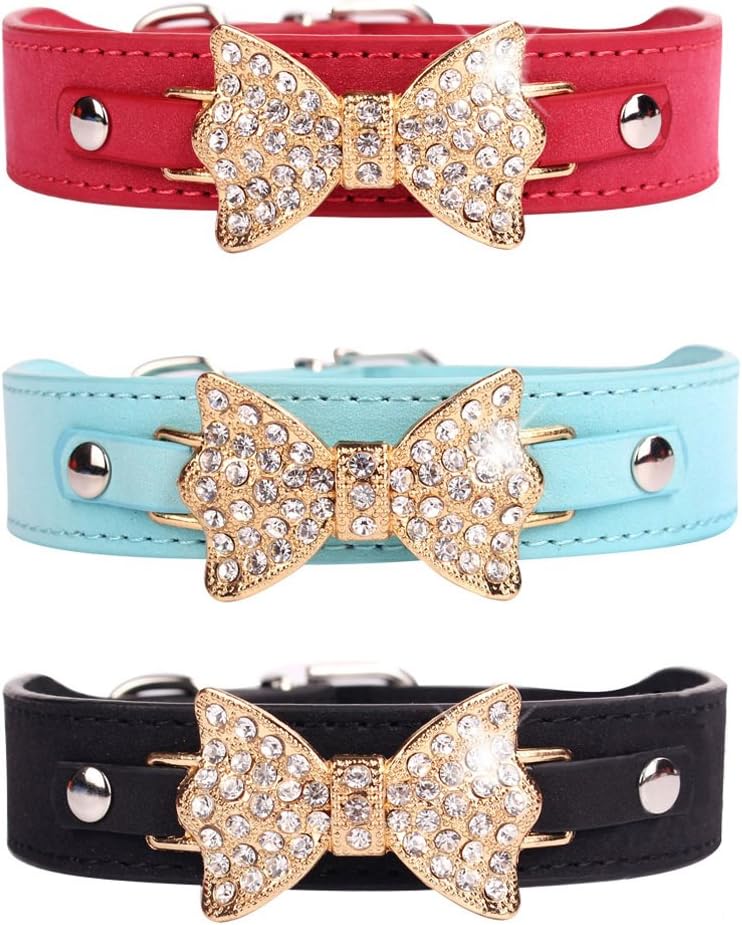 Pet's House EASTOP Dog Collars for Small Dogs Girl Bow Bling Red Medium Red,Blue,Black