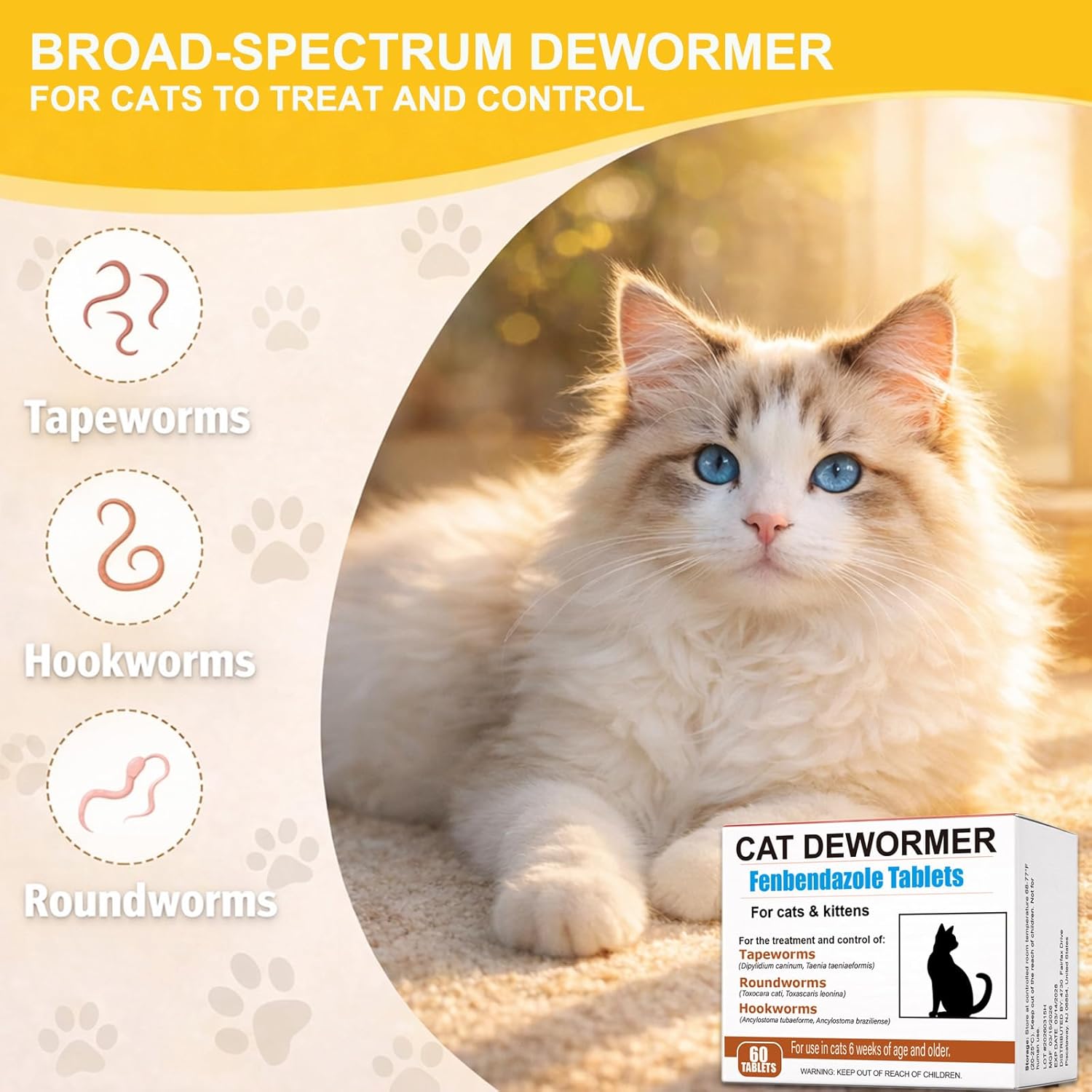 Tapeworm Dewormer for Cats & Kittens, Fenbendazole Broad Spectrum Worm Treatment Tablet for Tapeworms, Roundworms & Hookworms – Effective and Fast (60 Tablets)