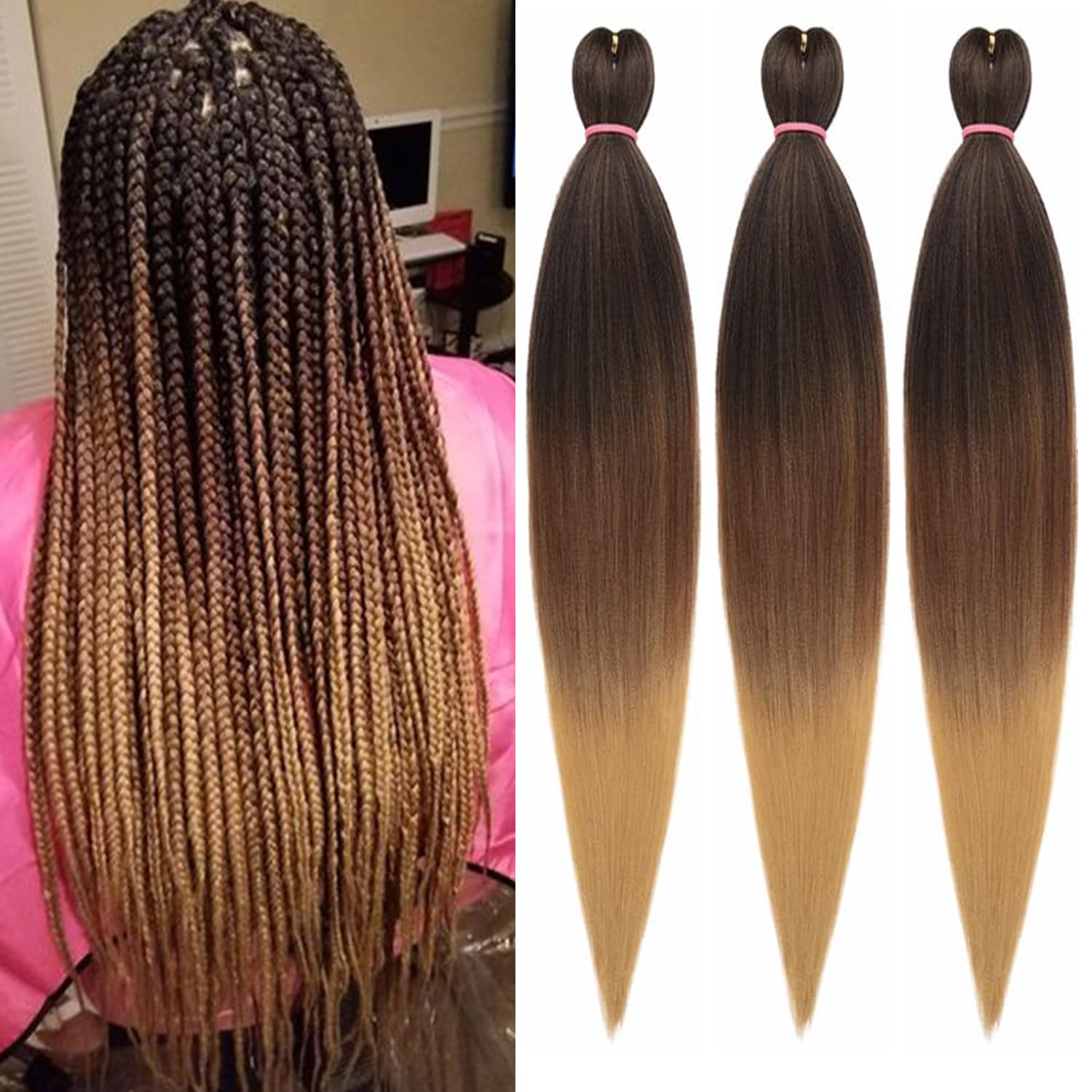 Mscat 30 Inch 3 Packs Pre Stretched Braiding Hair Three Tones Pre Stretched Braiding Professional Synthetic Prestretched Crochet Braids Hair Extension Hot Water Setting Yaki Texture (1B3027#)