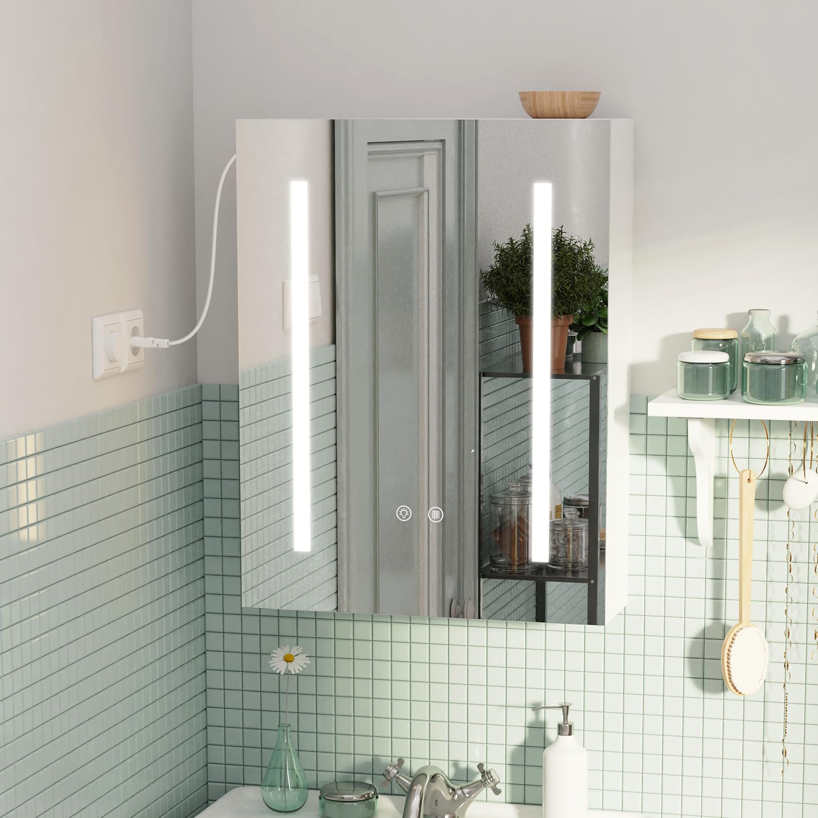 Pipipoxer armario con espejo de baño iluminado y desoxidación, estantes de almacenamiento, 60 x 80 x 15 cm, baño, espejo colgante, 3