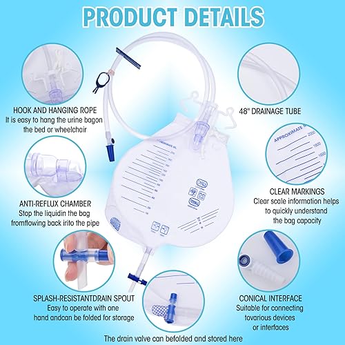 Miniatura 2 de Paquete de 5 bolsas para catéter de 48 pulgadas, tubo de drenaje con cámara antirreflujo, bolsa de orina de 67.6 fl oz para hombres y mujeres, bolsa