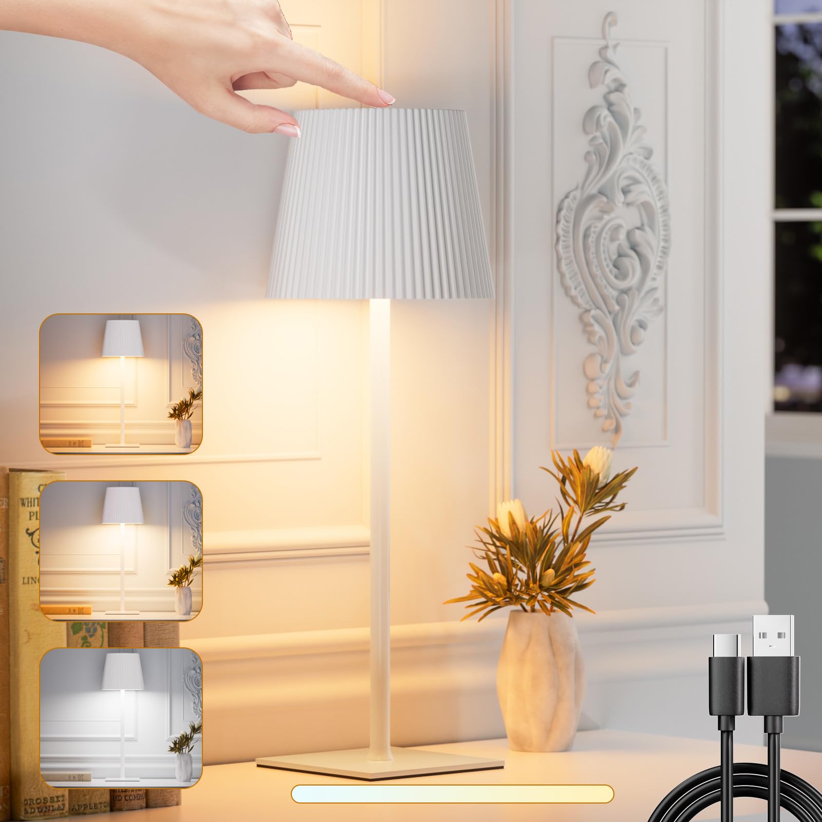 skelo Lámpara de Mesa Inalámbrica Regulable Táctil LED con Batería,4000mAh, 3 Temperaturas de Color, Adecuada Para Interiores y Exteriores, Material Metálico USB-C, Blanco, 1 Pieza