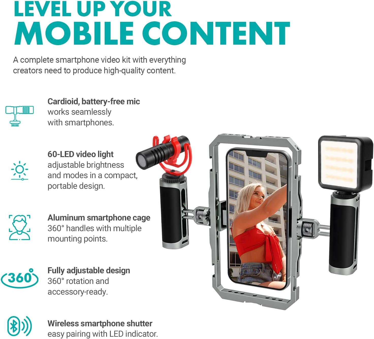 Movo iFilmer-PRO Smartphone Video Rig Kit – Stabilizer Cage with Dual Grips and VXR10 Shotgun Microphone for iPhone/Android