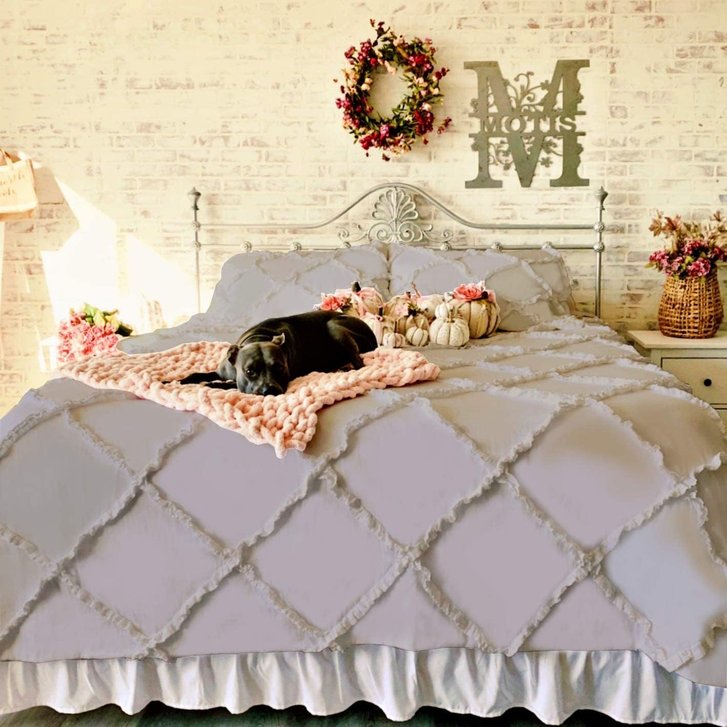 100% Egyptian Cotton 3 Piece Cross Diamond Ruffle Textured Duvet Cover with Zipper Closure & Corner Ties 400 Thread Count (Oversized King, Silver)
