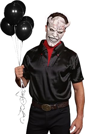 Arvilhill Mens Halloween Horror Costume 3 Pcs Spooky Outfit with Mask | Faux Two-Piece Short Sleeve Black Shirt, Scary Mask, Vintage Belt, Complete Cosplay Set for Holiday Parties