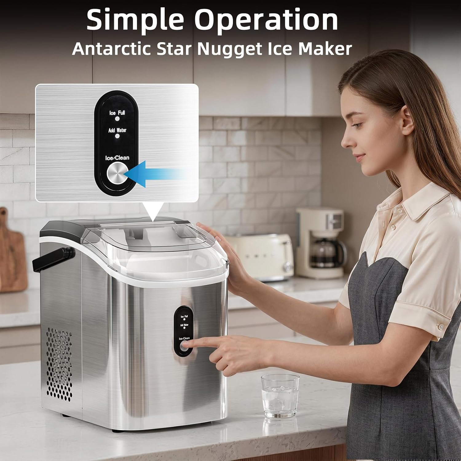 Antarctic Star Nugget Ice Maker Countertop, 35lbs/24H Ice Machine, Soft Chewable Sonic Ice, Self-Cleaning, Fast Ice Ready in 8 Minutes, Compact Design with Handle, Stainless Steel Silver