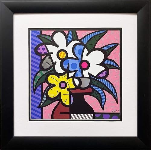 Gallerygems Romero Britto Flores de cerezo (metálico), diseño de arte pop enmarcado personalizado, 17.5 x 17.5 pulgadas