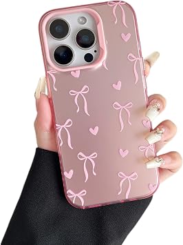 ZTOFERA iPhone 16 Proケース、かわいいピンクリボン蝶ネクタイ惑星星花柄美的電話ケース、トレンディスリムハードIMD耐衝撃保護バンパーフォンカバー、女性、女の子、ハート