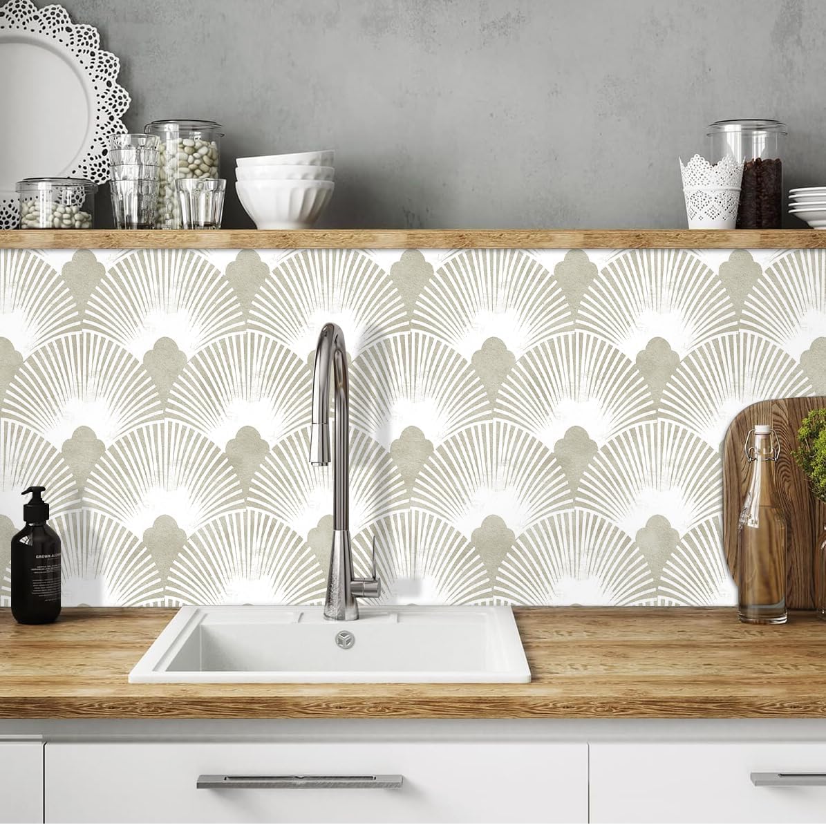 HAOKHOME Art Deco Peel and Stick Wallpaper Vintage Geometric Fan Wall Paper Beige Cream for Bathroom Bedroom Accent Wall Contact Paper 17.3in x 9.8ft