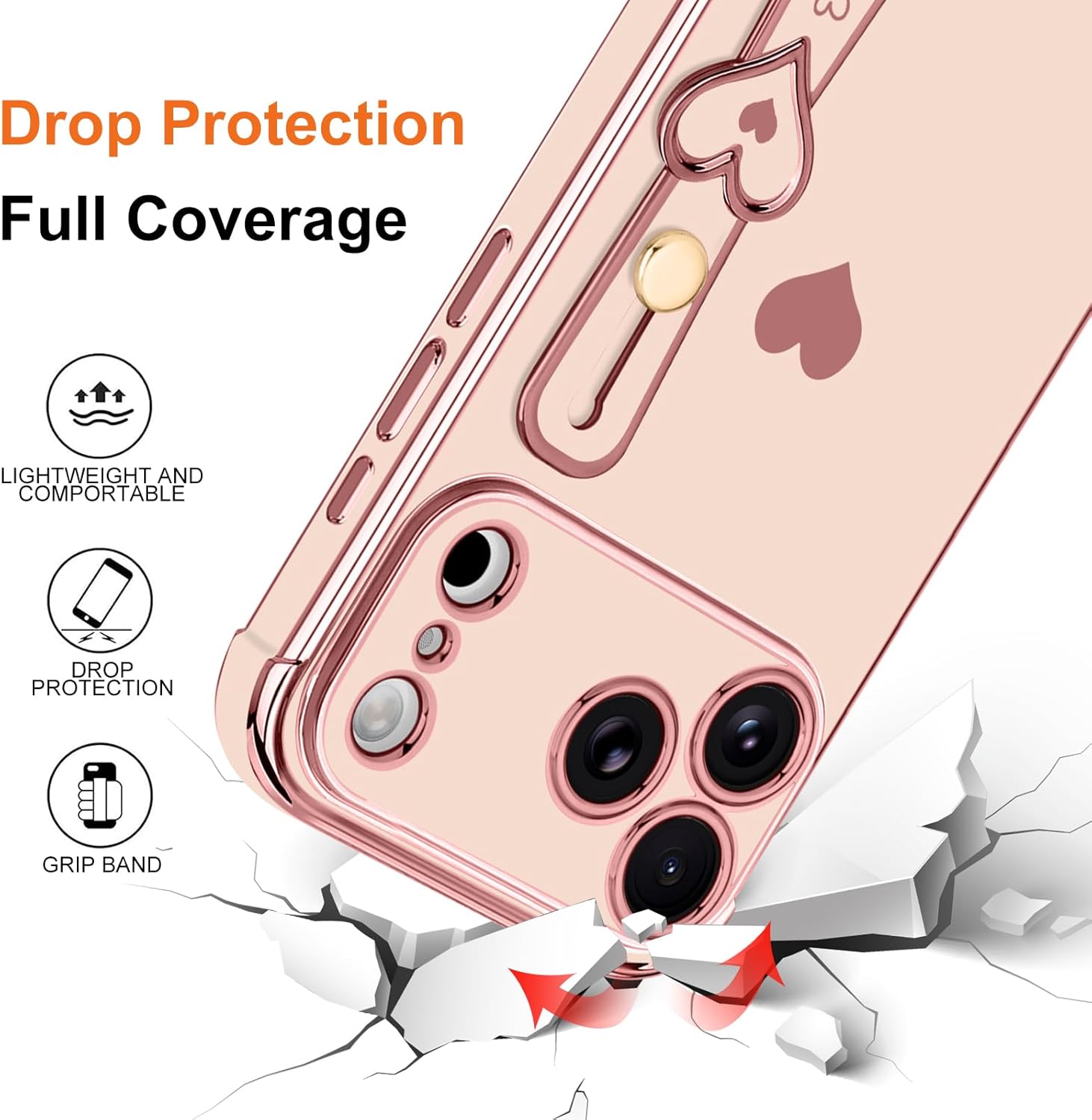 Compatible with iPhone 17 Pro Case with Strap for Women Girls [2× Screen Protectors], Cute Love-Hearts Design, Wristband Kickstand Plating Edge Protective Phone Case (6.3") - Pink - Image 5
