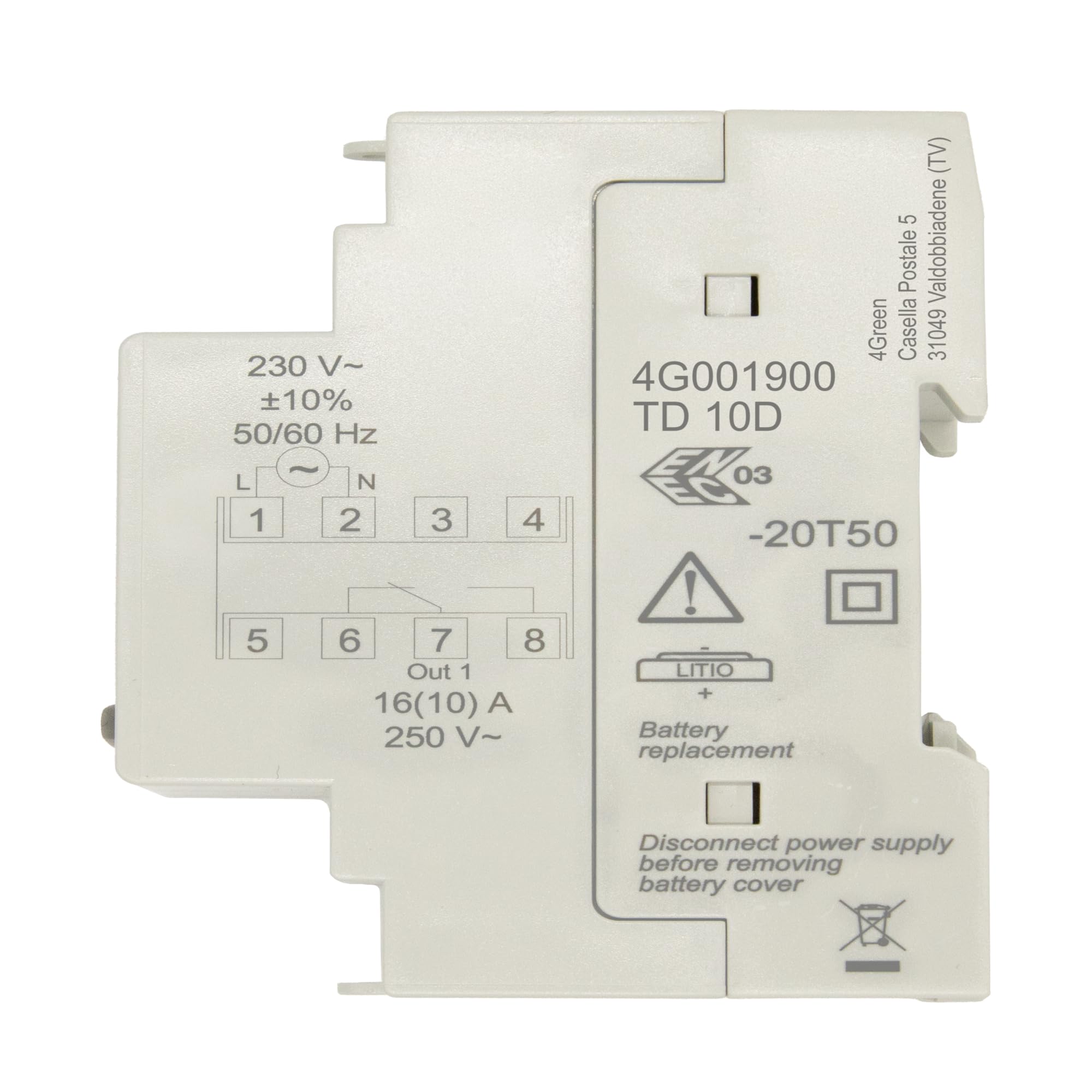 4GREEN TD 10D – Digitale Zeitschaltuhr für DIN-Hutschiene (2 TE), 24-Stunden Timer mit täglicher Programmierung, LCD-Display, 16A Relais, automatische Sommer-/Winterzeit, Weiß