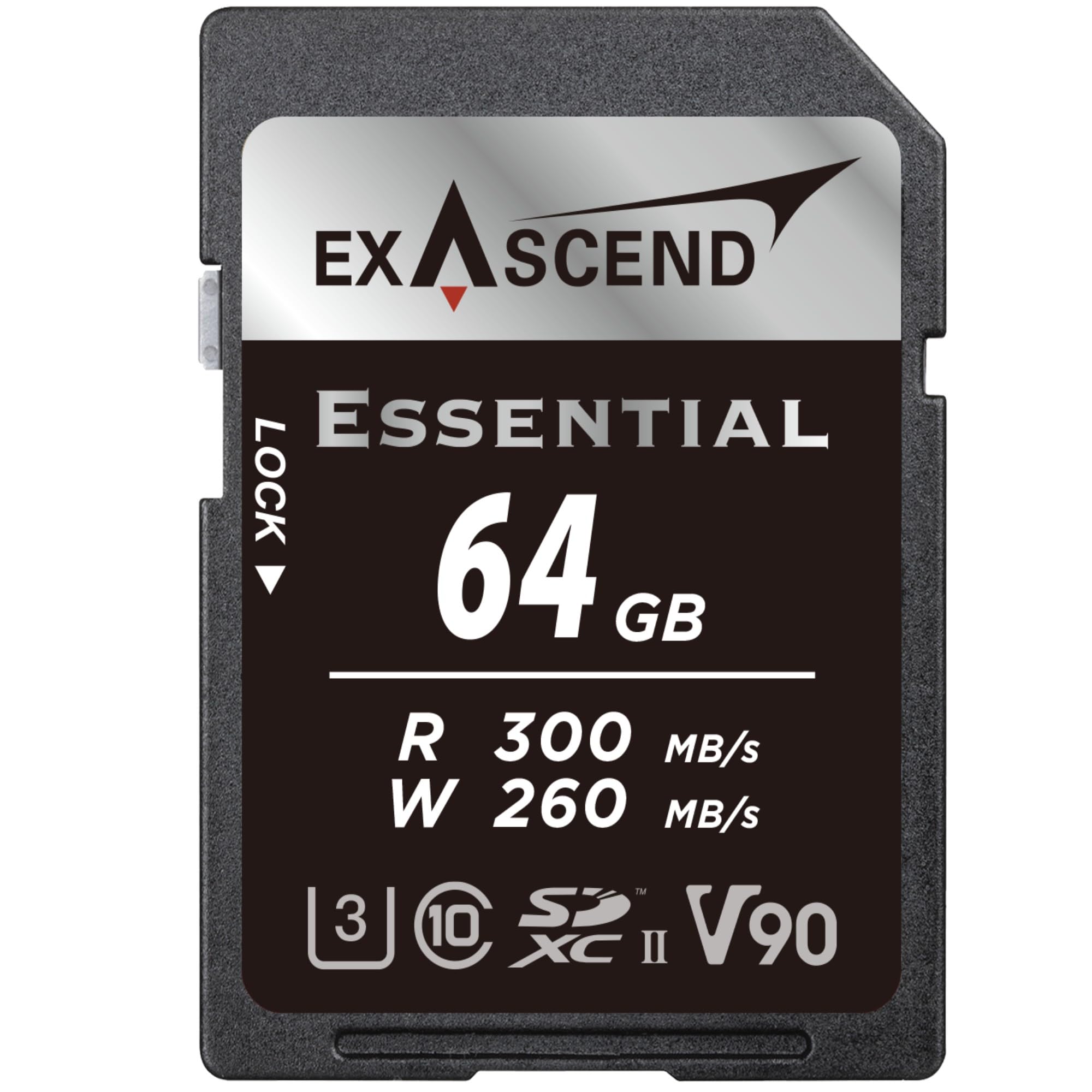 Exascend Essential - Tarjeta de memoria SDXC UHS-II V90 de 64 GB, 4K UHD de hasta 260 MB/s, velocidades de escritura, UHS-II, clase 10, U3, V90