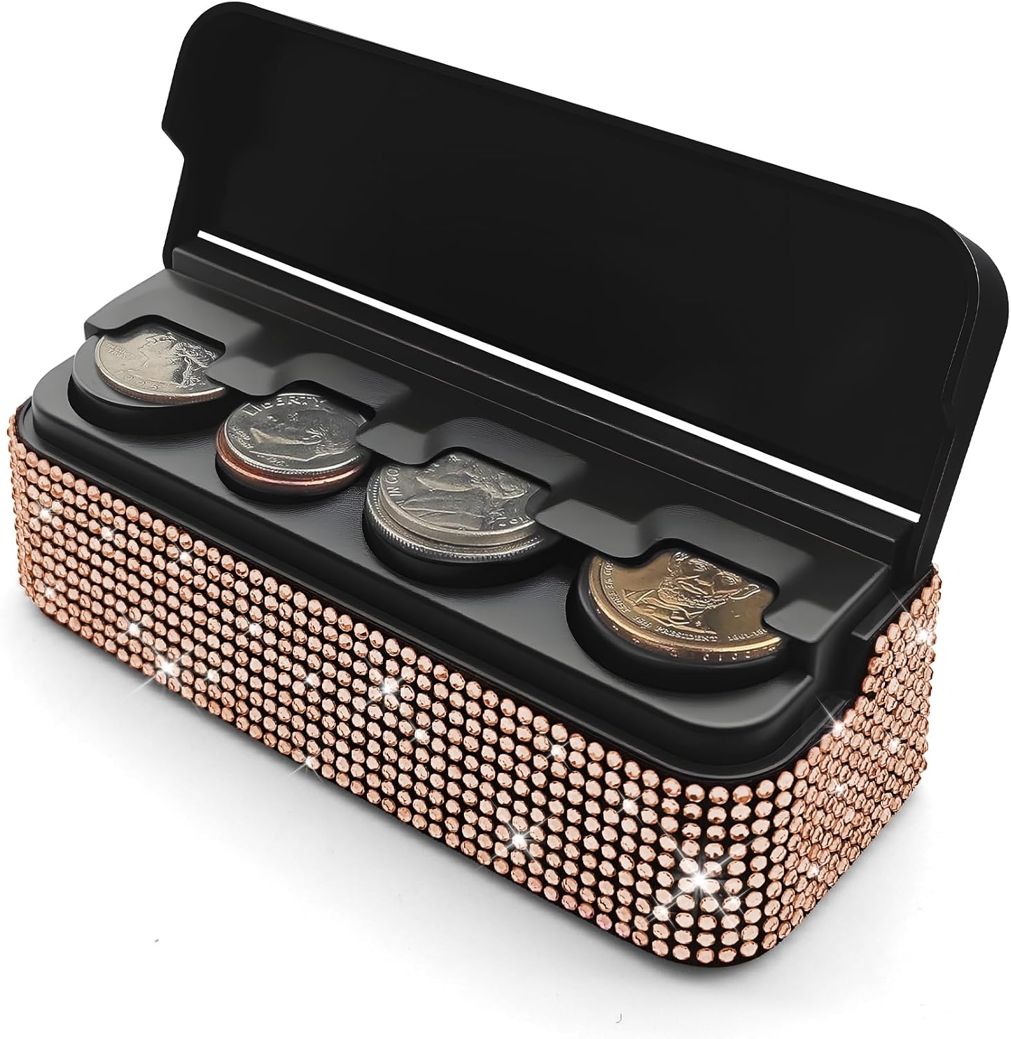 Coin Holder for Car, Universal Coin Organizer, Crystal Rhinestones Vehicle Storage Organizers, Portable Diamond Auto Storage Coin Money Dispenser Accessories for Car Truck SUV (Champagne)