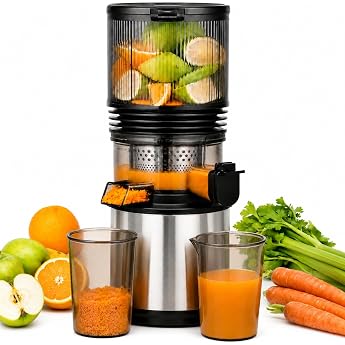 AMZCHEF Slow Juicer with 158 mm Filling Chute | For whole vegetables and fruits, easy to clean, cold press juicer with juice 