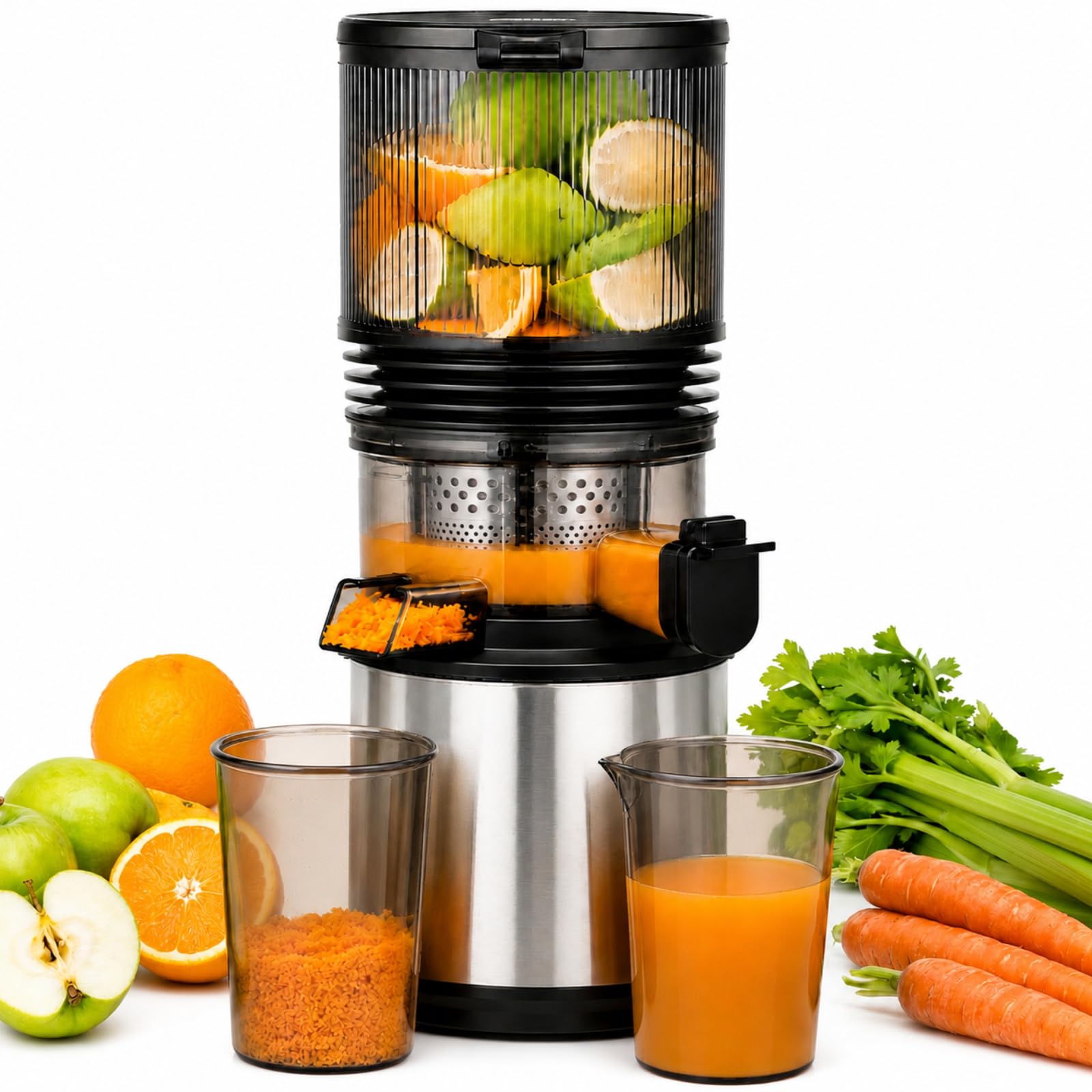 AMZCHEF Extractor de Zumos 158 mm Boca XXL, Licuadora de Prensado en Frío para Frutas y Verduras, Slow Juicer 2L con Vaso de Pulpa y Vaso de Zumo, Fácil Limpieza, Motor Silencioso, Acero Inoxidable en oferta en Amazon