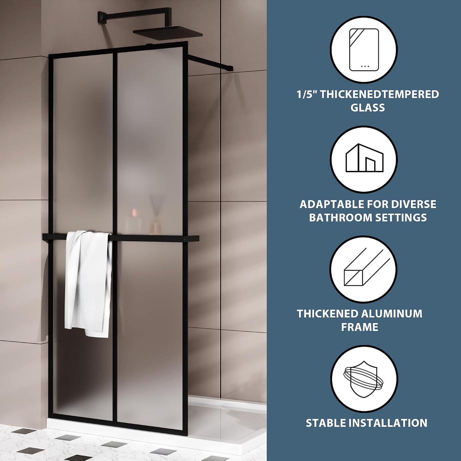 Goodyo 34“ x 72" Shower Door Tempered Glass Shower Screen with Tool Bar Towel Rack for Walk in Bathroom