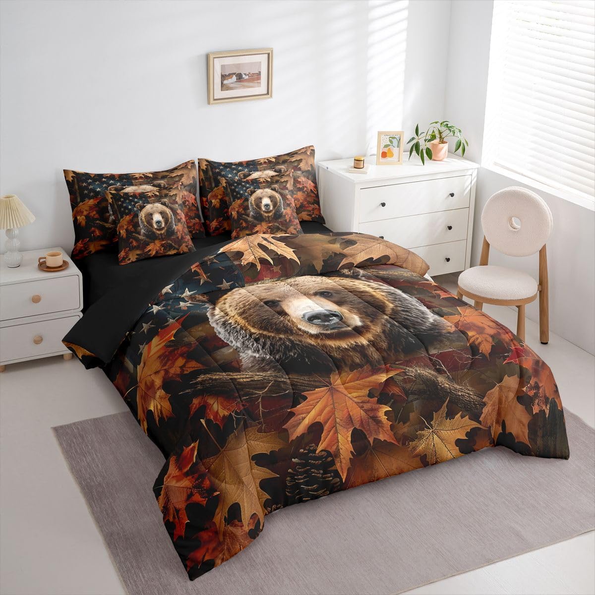 Feelyou Hunting Camo Bear Comforter Set Queen Size 7 Pieces Realistic Tree American Flag Bear Bedding Set Kids Adult Rustic Farmhouse Bed in a Bag with Comforter, Sheets, Pillowcases, Cushion Covers
