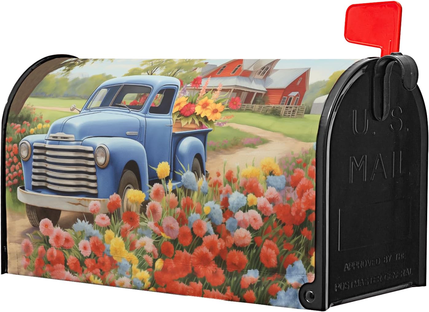 Spring Blue Truck On The Farm Mailbox Covers Magnetic Standard Size 18" X 21",Colorful Spring Summer Floral Mailbox Wraps Post Letter Box Cover for Holiday Garden Yard Decor