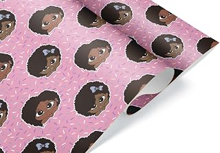African American Gift Wrap Black Girl Wrapping Paper Pink Rainbow Sprinkles Birthday Party Decoration (20 inch x 30 inch sheet)