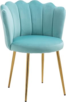 Modern Velvet Chairs Comfy Upholstered Vanity Chairs for Bedroom Armchair Dining Chairs with Golden Metal Legs Petal Shape Back Vanity Desk Chair, for Women, for Kids, for GirlsTiffany Blue