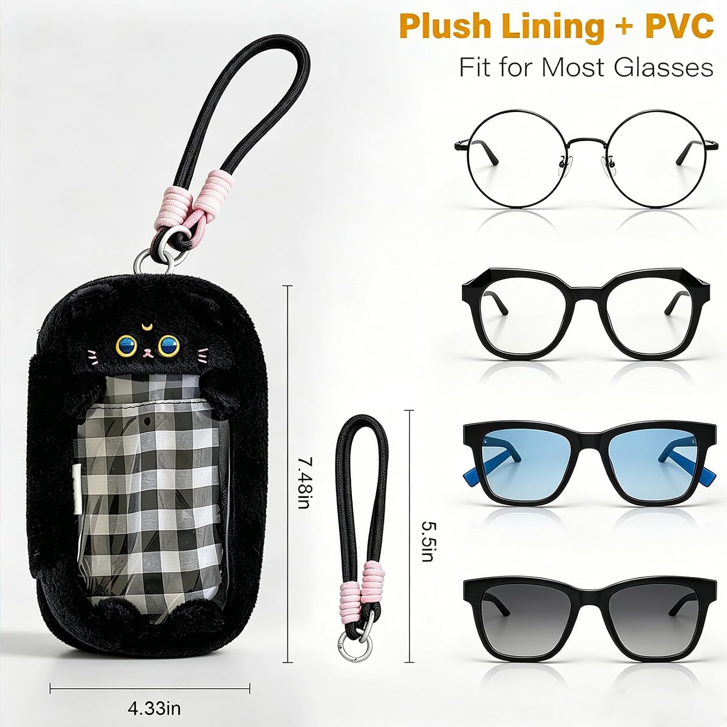 Cute Puppy Plush Glasses Case with Plaid Transparent Window, Sunglasses Case with Wrist Strap for Daily Essentials