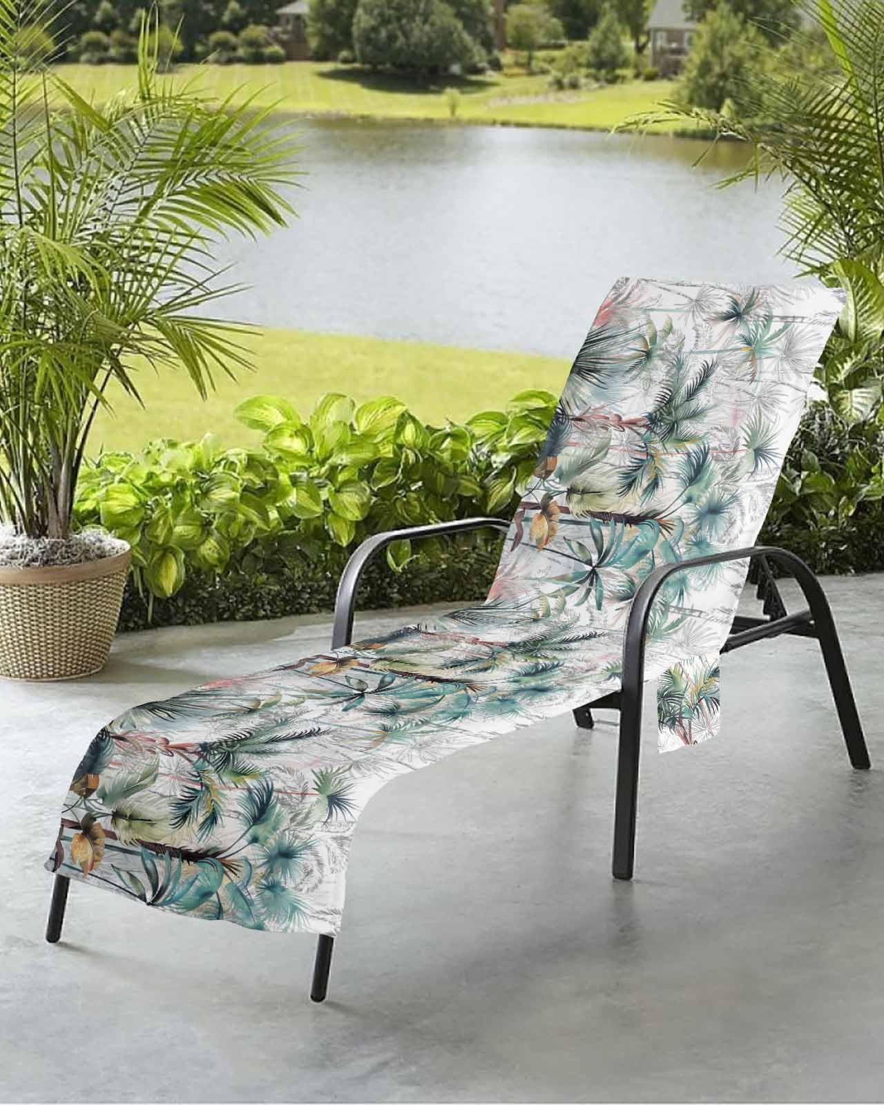 Beach Pool Patio Lounge Chaise Chair Cover Towel With Pockets,Teal Green Palm Tree Absorbent & Quick Dry Microfiber Towel Cover Bag Summer Travel Accessories Summer Tropical Coconut Plant Modern White