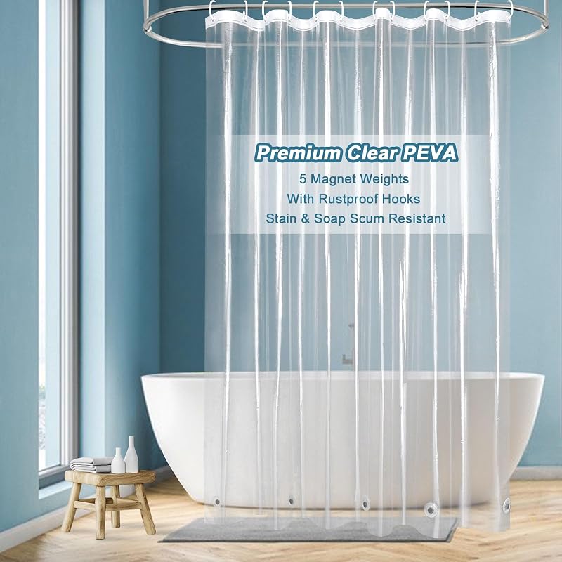 EurCross Heavy Duty Clear Shower Curtain Liner with 5 Magnet Weights, Waterproof PVC-Free PEVA Clear Plastic Shower Curtain for Bathroom 72 x 72 inches