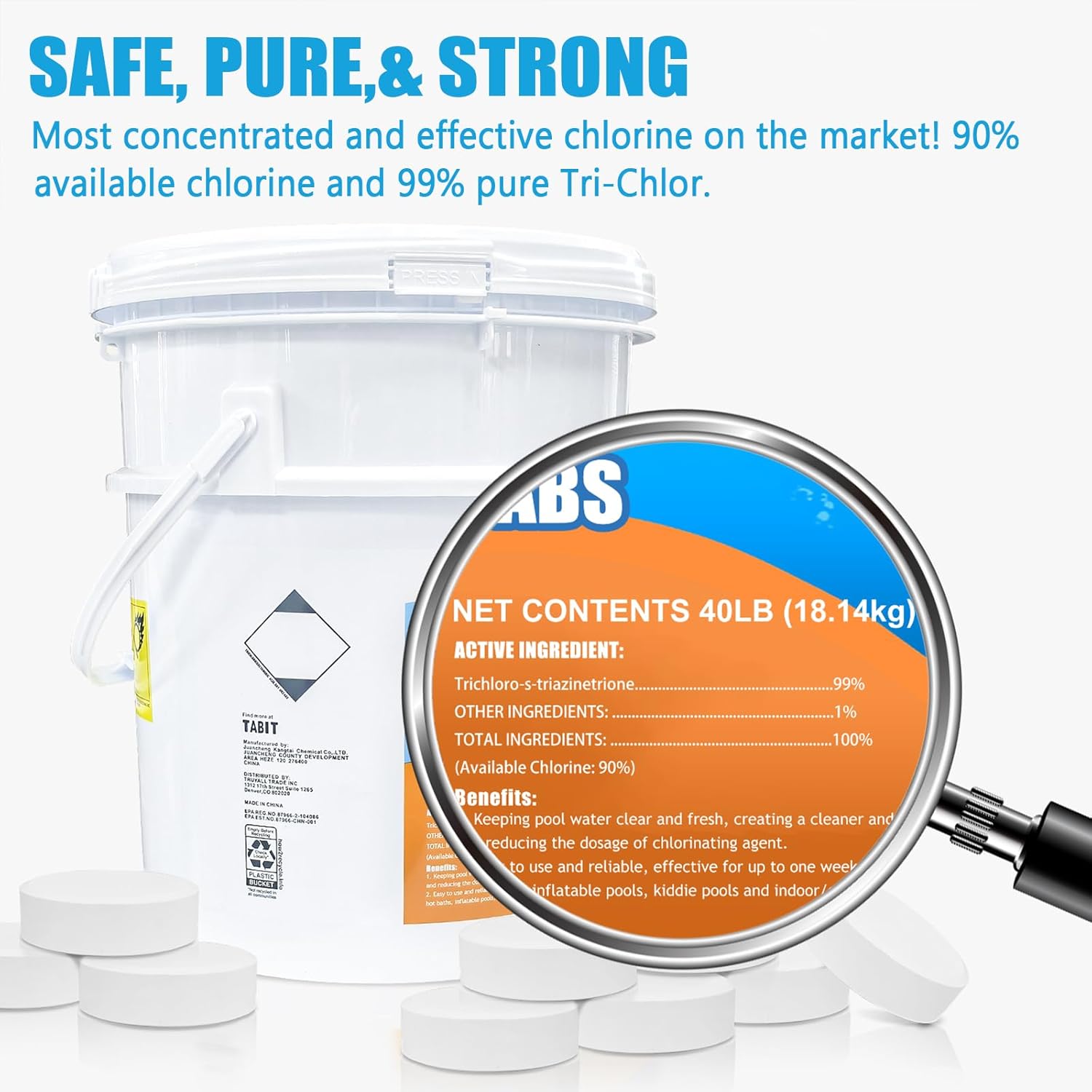 Chlorine Tablets 3 inch 40 Pounds, TABIT Swimming Pool Long Lasting Chlorinating Tablets, Slow Dissolving, Tri-Chlor for Swim Pool, Hot Tubs, Spa