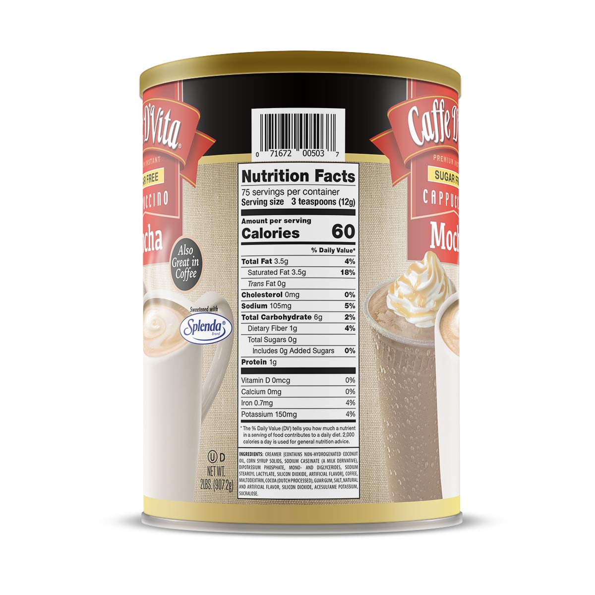 Caffe D'Vita Sugar Free Mocha Cappuccino Mix - Sugar Free Mocha Mix, Gluten Free, No Cholesterol, No Trans Fat, 99% Caffeine Free - 2 lb. (32 oz.) can