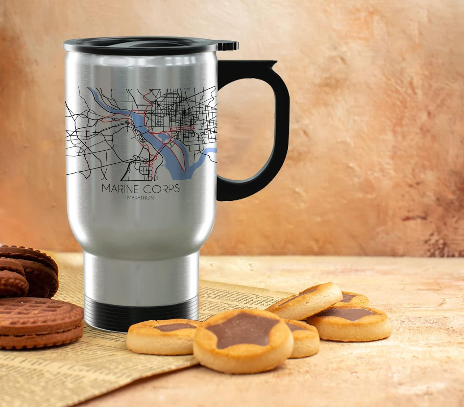 Marine Corps Trail Stainless Steel Tumbler 14oz Travel Mug w/Handle & Lid, Gifts for Dads Marathon Trail Souvenir, Best Gift for Dad Tall Coffee Mugs w/Handle Large Cup for Men