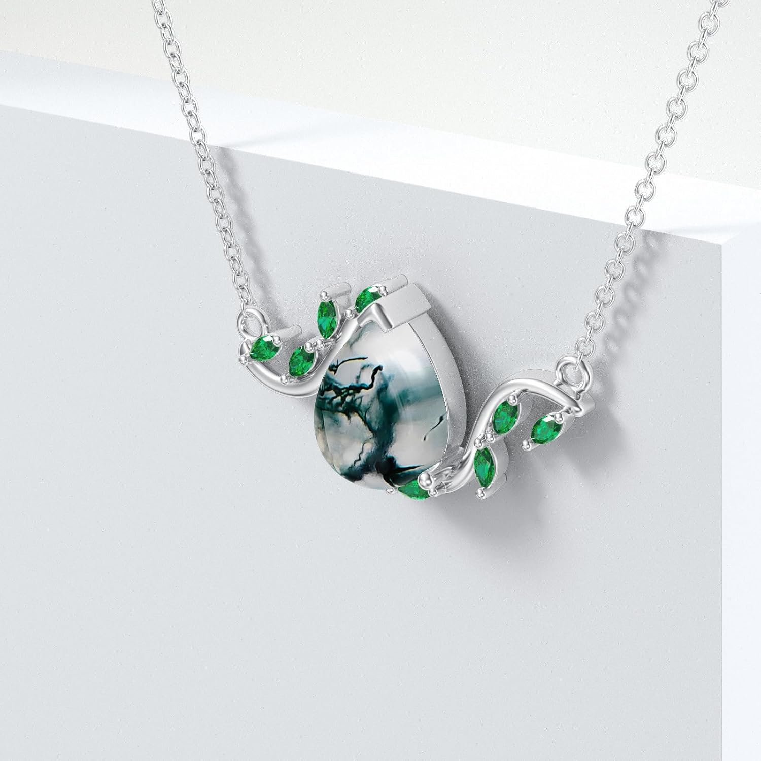 Sterling Silver Moss Agate Pendant Women's Necklace Pear-Shaped Moss Agate with Green Zircon Necklace for Women Pendant Jewelry Birthday Valentine's Day Christmas Gift - Image 3