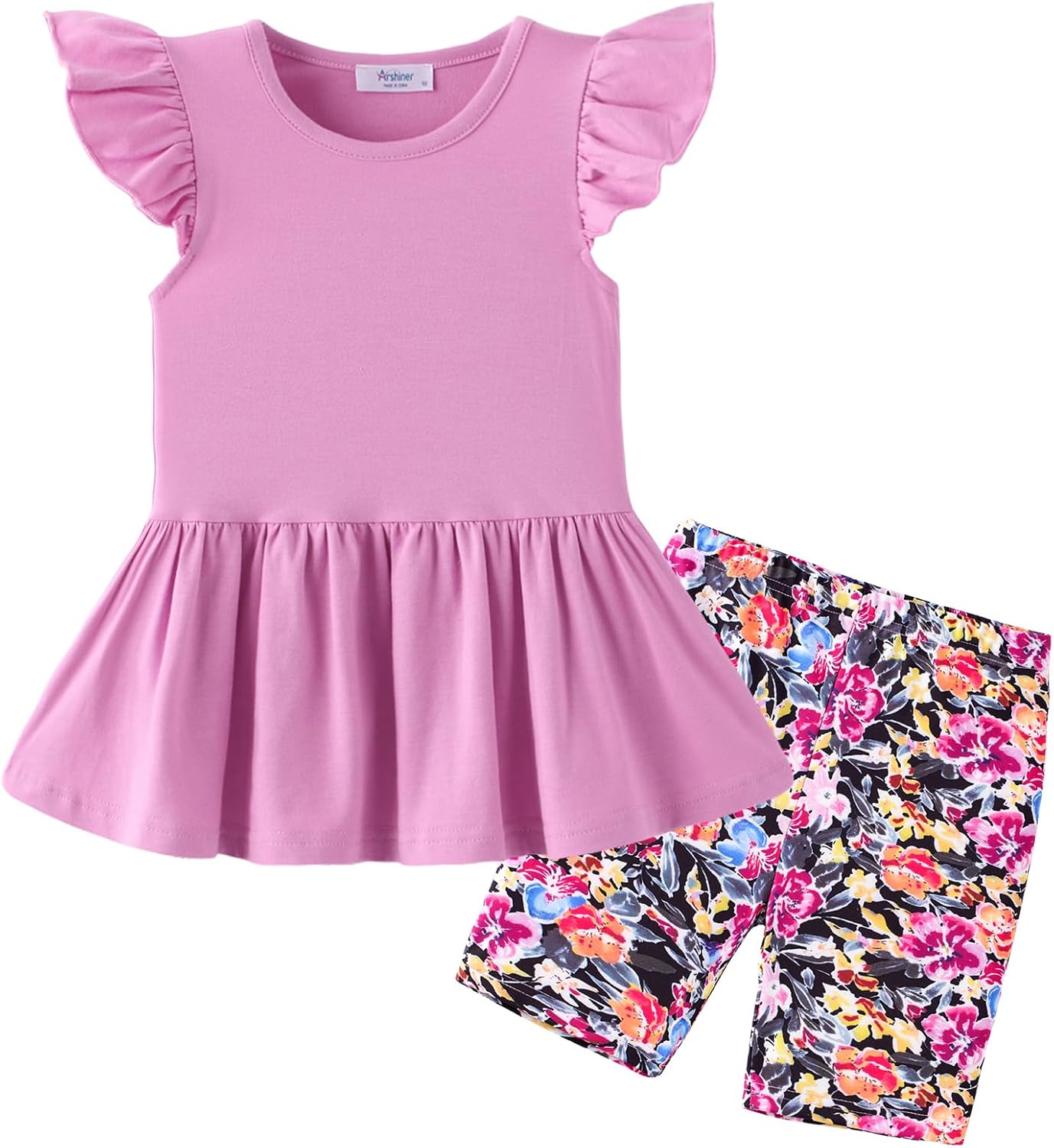 Arshiner Girls 2 Piece Outfit Ruffle Sleeve Peplum Top And Biker Shorts Lightweight Breathable Summer Clothing Set