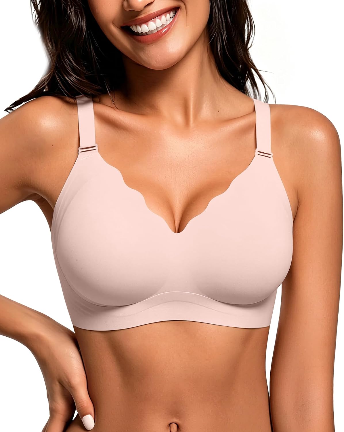 Wireless Bras for Women No Underwire Seamless Full Coverage Scalloped Push Up Support Lift Comfort Bralettes,Pink,XX-Large