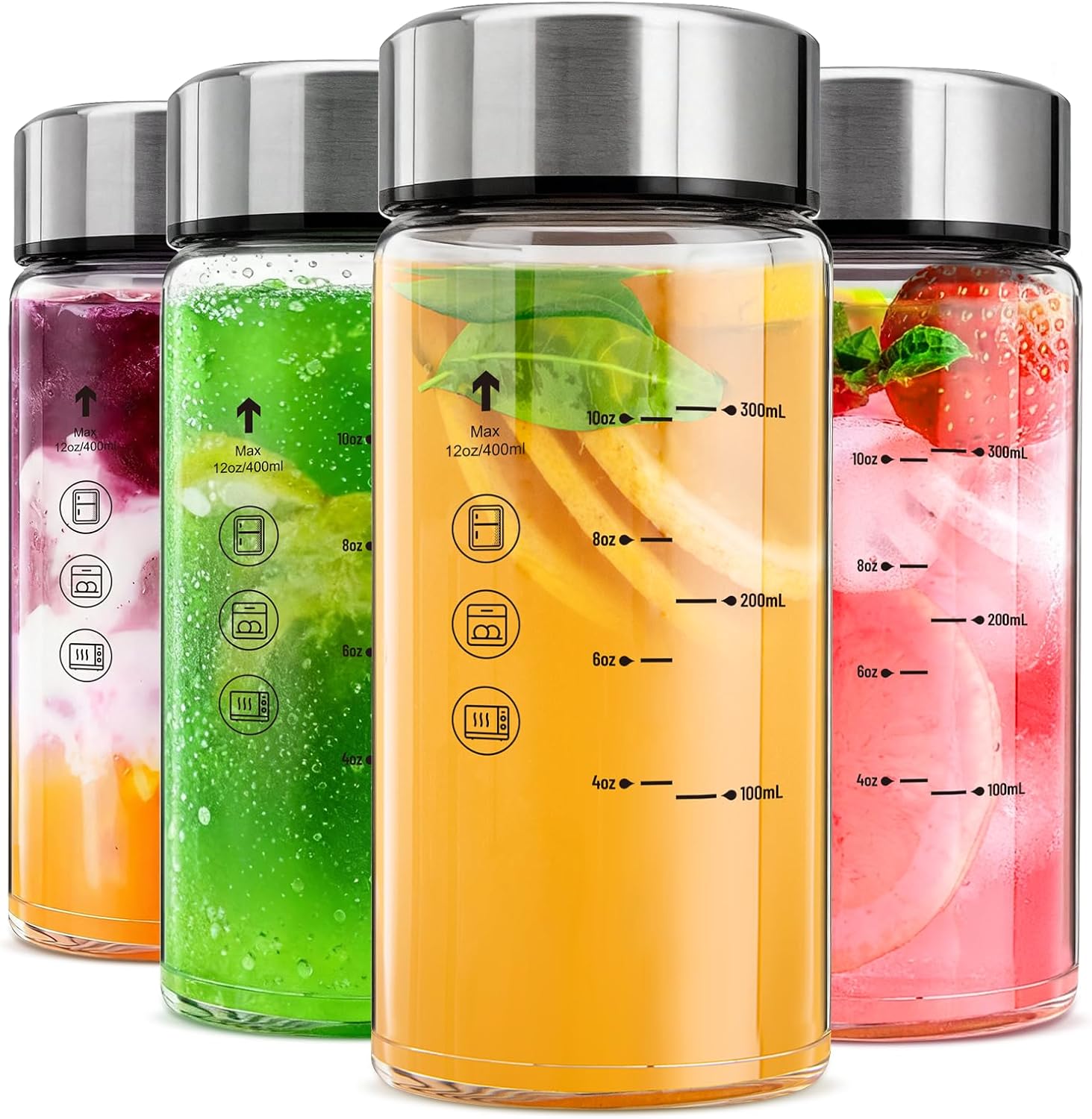 Yirilan 12 oz glass bottles with lids, 4 Pack Glass Juice Bottles, Reusable Water Bottle for Juicing, Stainless Steel Lids Juicer Bottles, Leakproof, BPA Free