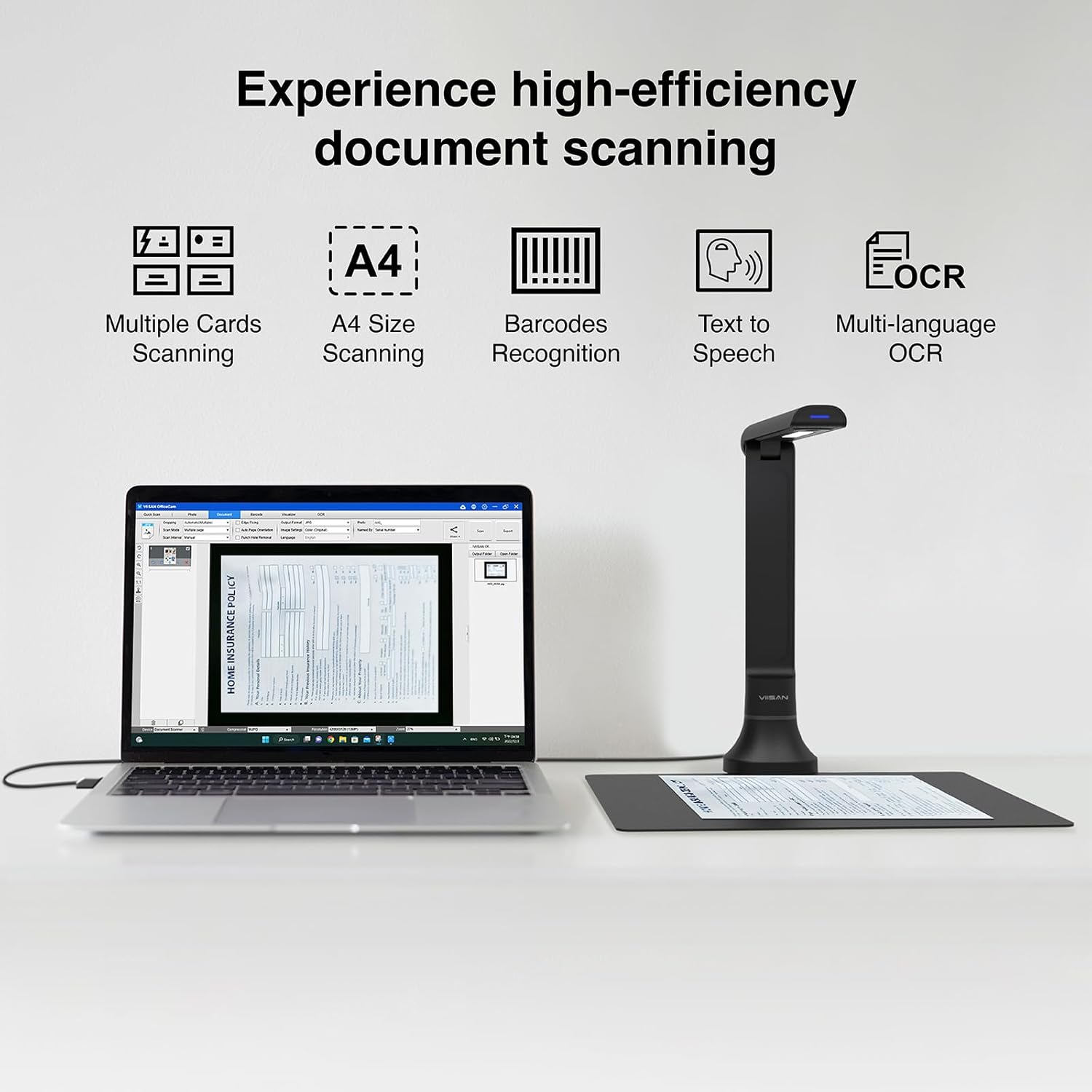 VIISAN DB8401 16MP Document Camera Scanner: Portable USB Camera for Laptop/Desktop, A4 Scanning, OCR & TTS Technology, Barcode Recognition, Deskewing, Foldable Arm, Windows & macOS Compatible