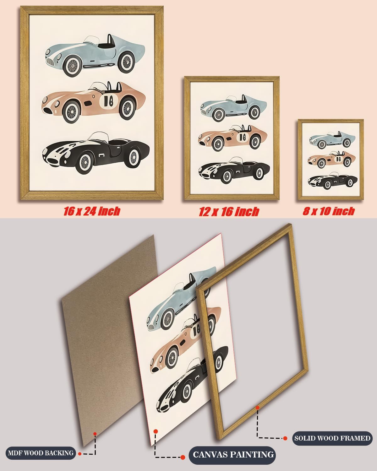 Wood Framed Vintage Race Car Wall Art, Retro Sports Car Canvas Print Poster Paintings, Kids Room Cute Artwork Decor for Boys Bedroom Nursery Playroom Living Room Wall Decor 12x16 Inch