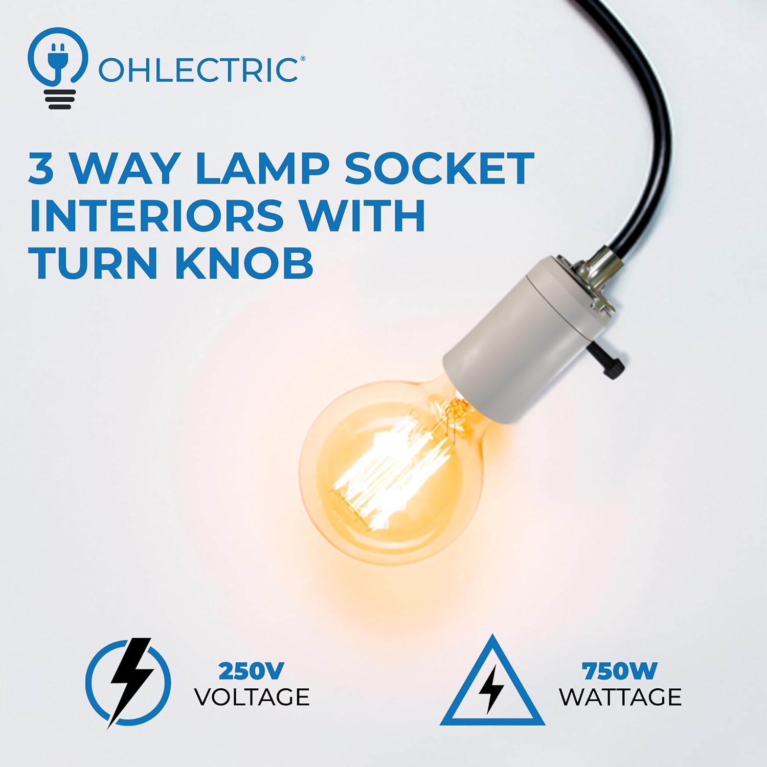 Ohlectric 3 Way Lamp Socket Interiors with Turn Knob - Unglazed Mogul Size Porcelain Socket - Lamp Fixture Replacement Socket with Removable Knob - Vintage Lamp Part - OL-39285