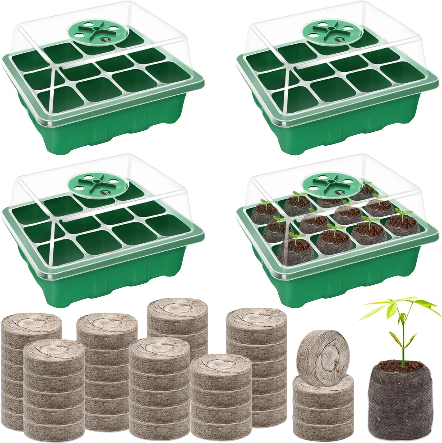 Halatool Seed Starter Kit 4 Pack 48 Cells Green Seed Starter Tray with 50 PCS Peat Pellets for Seedlings Organic Seed Stater Soil Pods for Planting Vegetables Plants Flowers Starting Seeds