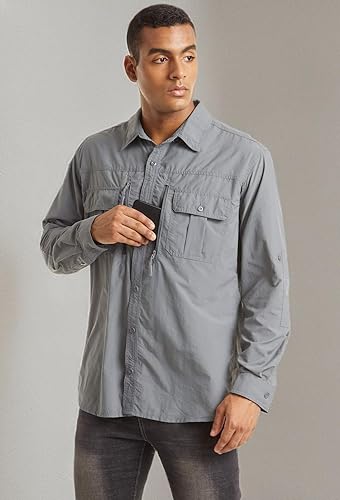 Miniatura 8 de TACVASEN Camisa de pesca para hombre, camisa de manga larga de secado rápido, camisa táctica con botones, camisa de trabajo ligera safari
