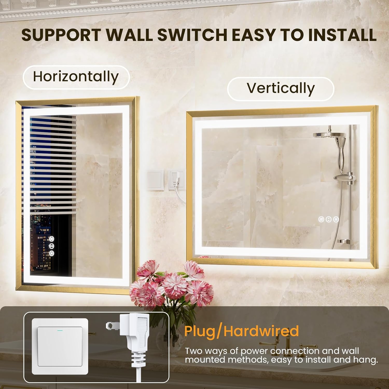 24x36 LED Mirror for Bathroom, Brushed Gold Metal Frame Mirror with Backlit   Front Lit, Bathroom Mirror with Lights, Anti-Fog, Dimmable, Lighted Mirror Tempered Glass(Horizontal/Vertical)