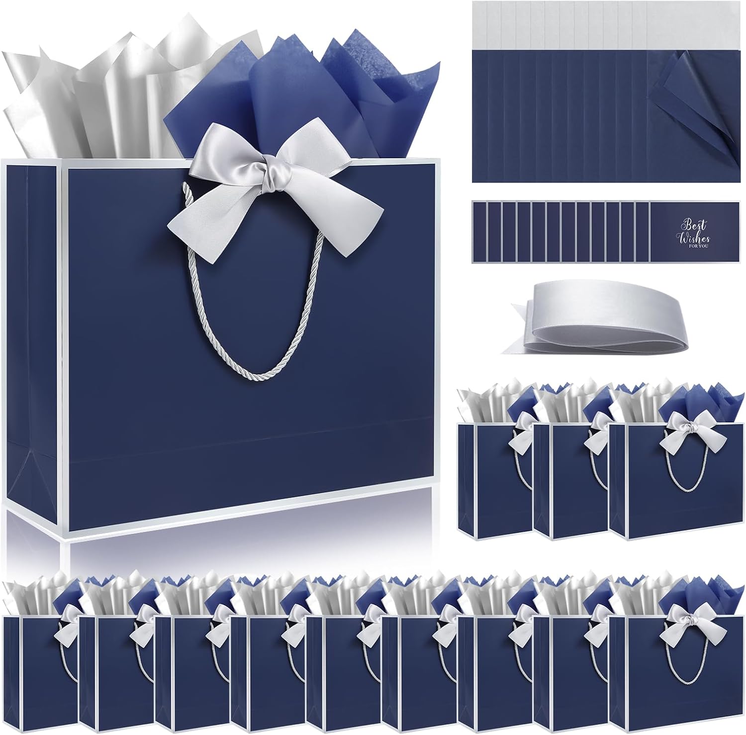 Ethhqu 12 Pack Gift Bags with Handles Include Tissue Papers & Cards, Medium Size 12.6×10×4'' Thank You Gift Bags Medium Size for Birthday, Business Gatherings, Wedding, Groomsmen (Navy Blue and Silver)